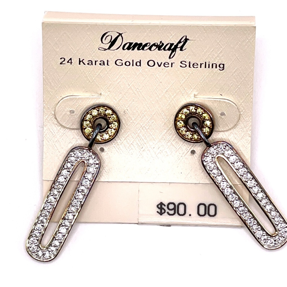 Danecraft 24K Gold Over Sterling Pave Rhinestone Drop Pierced Earrings - Picture 5 of 13